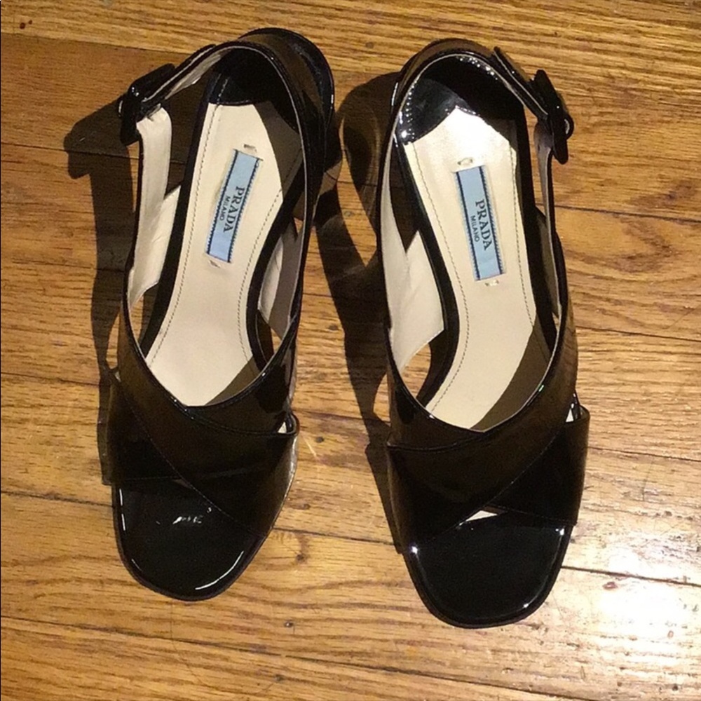Prada Black Patent Leather Block Heel Sandals - Picture 2 of 3